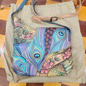 Anuschka Hand-Painted Leather Crossbody – Teal Green, Purple Abstract Whimsical